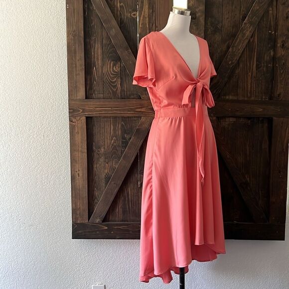 Satin V Neck Ruffle Short Sleeve Tie Front High Waist Midi A-Line Long D… - Picture 4 of 13